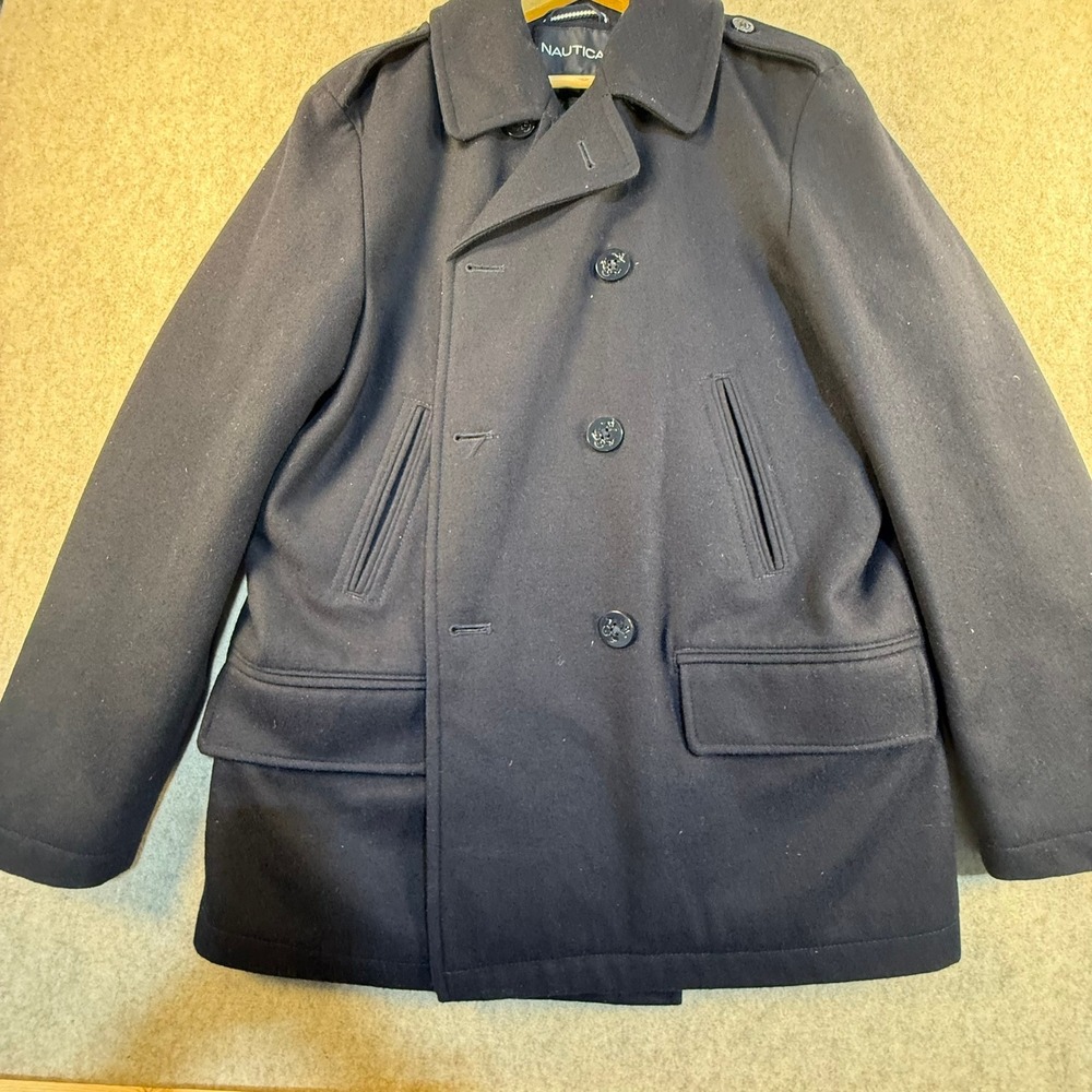 Nautica Mens Wool Blend Pea Coat Navy Blue Double Breasted Quilted Lining Large